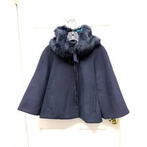 Tahari Nadja Navy Capelet L/XL Removable Faux Fur Collar Teal Satin Lined